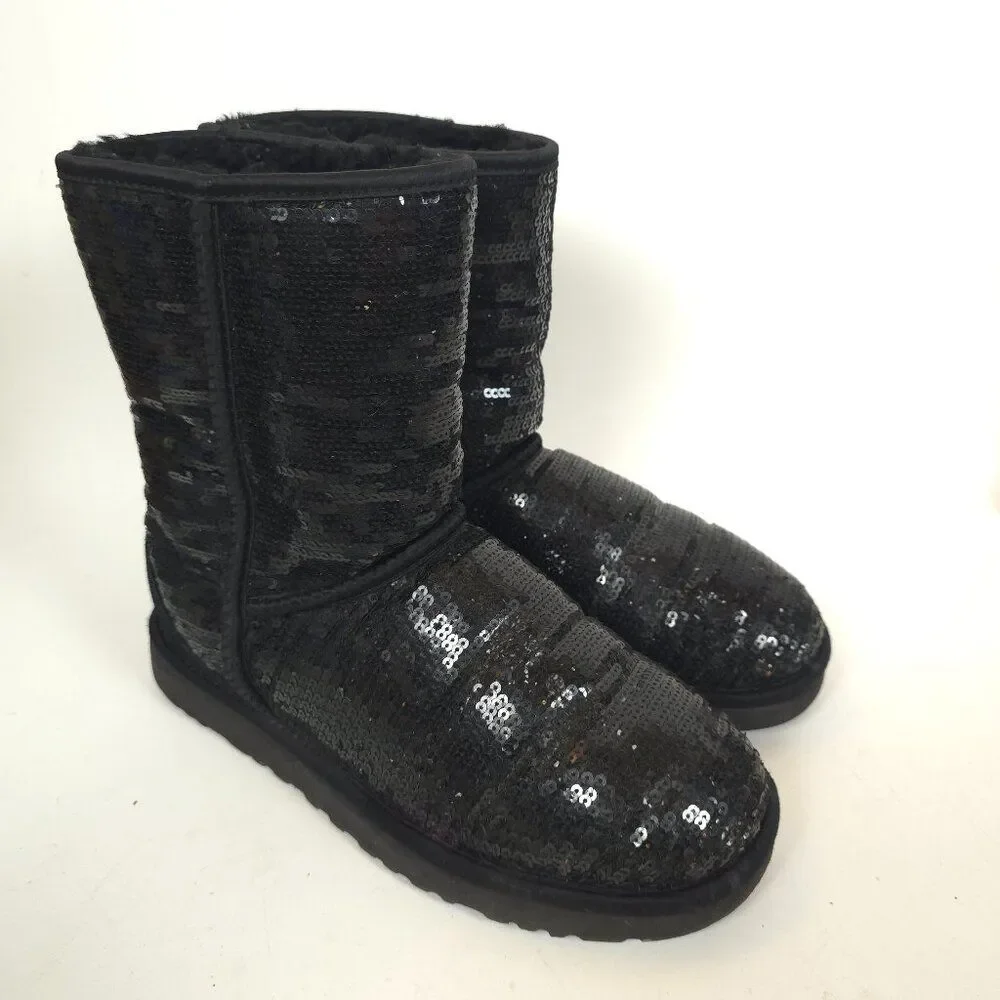 UGG Classic Short Sequin Boots Black Sheepskin Lined Sparkle Winter Boots Size 8